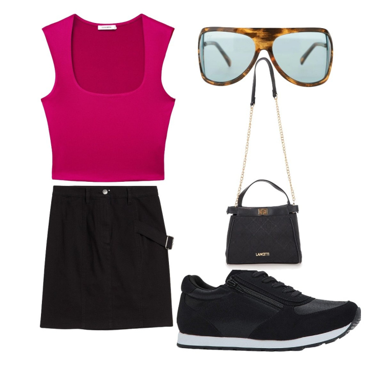 Outfit donna - Concerto pop. Stile Trendy per Serata fuori. Abbinamento con sneakers, gonne, top, occhiali da sole, borse a tracolla.
