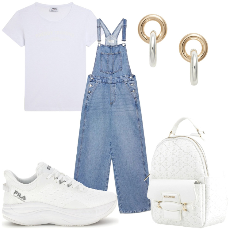 Outfit donna - Maggio in gita. Stile Casual per Tutti i giorni. Abbinamento con zaini, salopette, t-shirt, orecchini, sneakers.