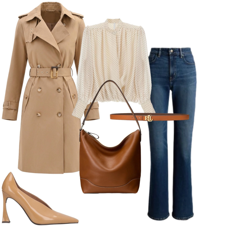 Outfit donna - Benvenuta Primavera. Stile Glamour per Tutti i giorni. Abbinamento con décolleté, camicie, trench, jeans, borse a secchiello, cinture.