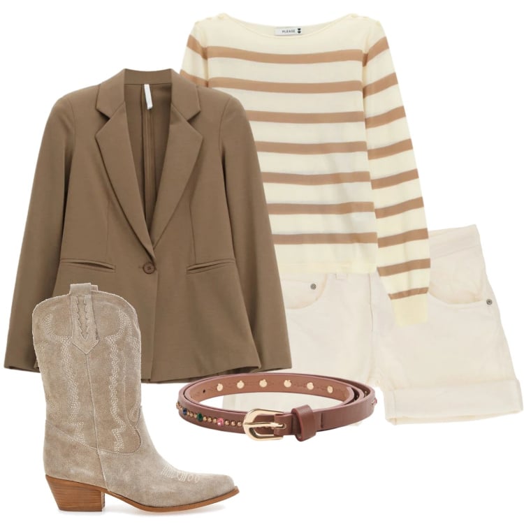 Outfit donna - Anima country in università. Stile Glamour per Tutti i giorni. Abbinamento con cinture, blazer, maglieria, shorts, stivaletti texani.
