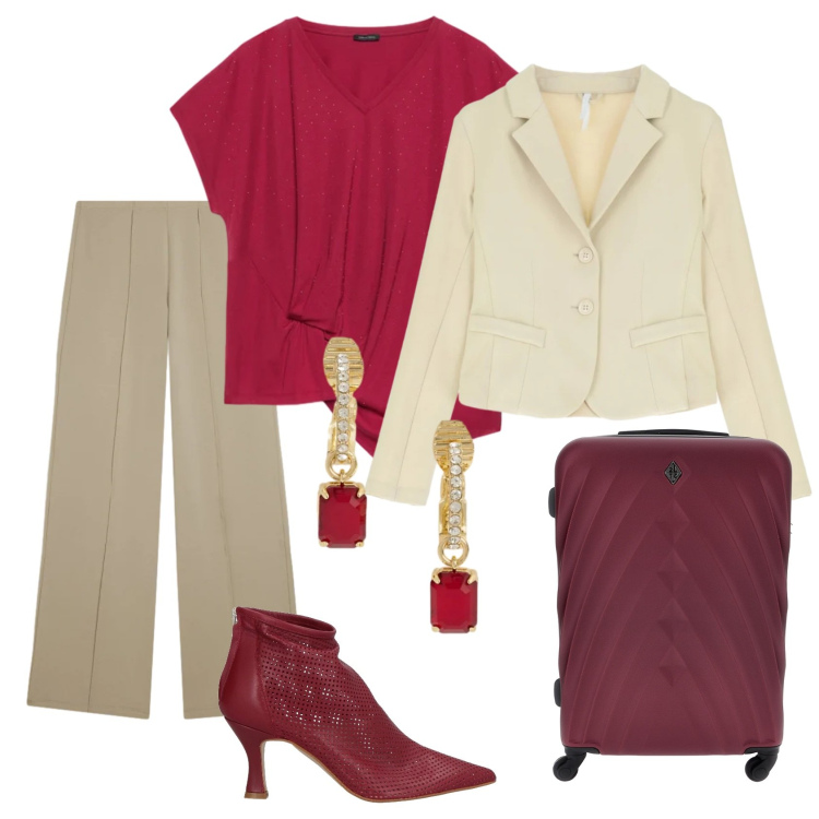 Outfit donna - Total look #2377910. Stile Casual chic per Tutti i giorni. Abbinamento con stivaletti, t-shirt, blazer, pantaloni, orecchini, valigie.
