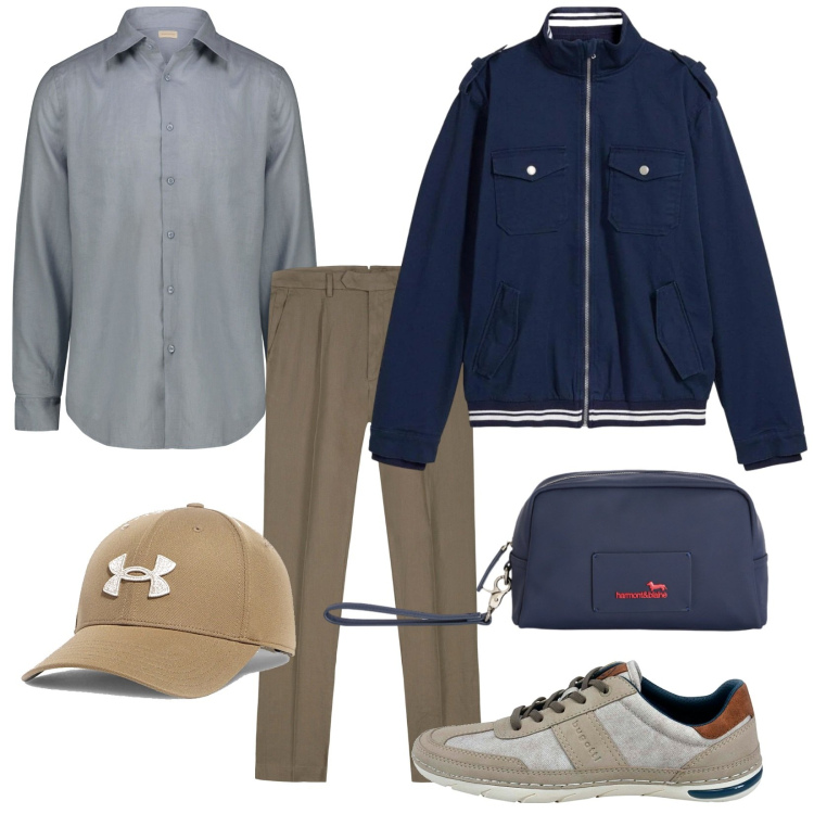 Outfit uomo - PrimaverA. Stile Trendy per Tutti i giorni. Abbinamento con giacche, borse sportive, sneakers, camicie, pantaloni, cappelli con visiera.