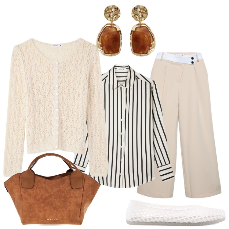 Outfit donna - Sobrietà e naturalezza. Stile Minimal per Tutti i giorni. Abbinamento con pantaloni, cardigans, camicie, orecchini, borse a mano, ballerine.