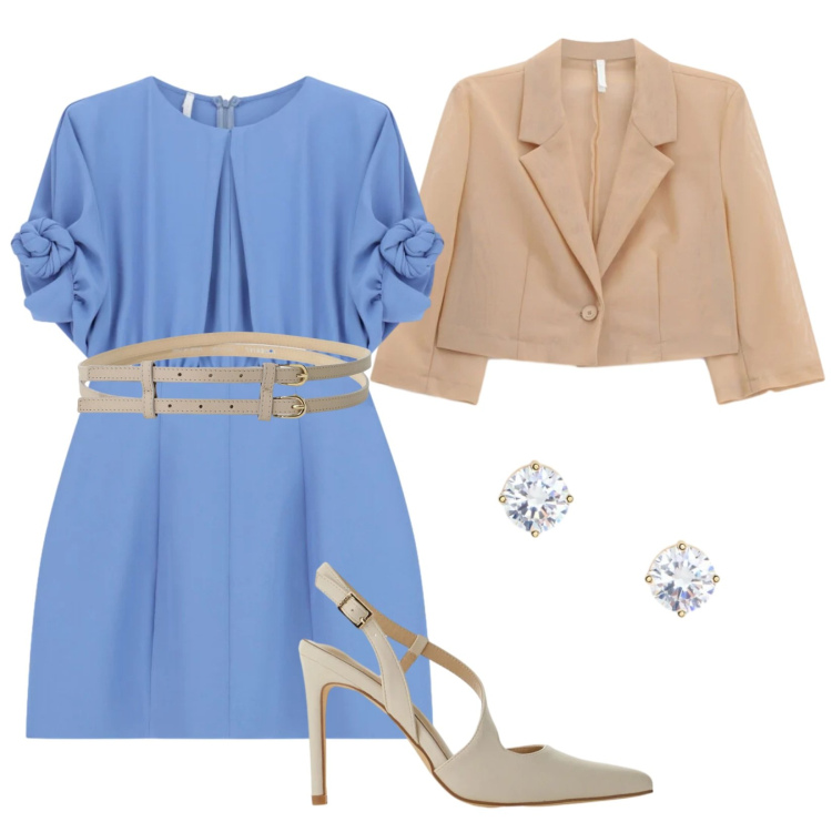 Outfit donna - Comunione ad Aprile. Stile Chic per Cerimonia. Abbinamento con vestiti corti, cinture, décolleté, blazer, orecchini.