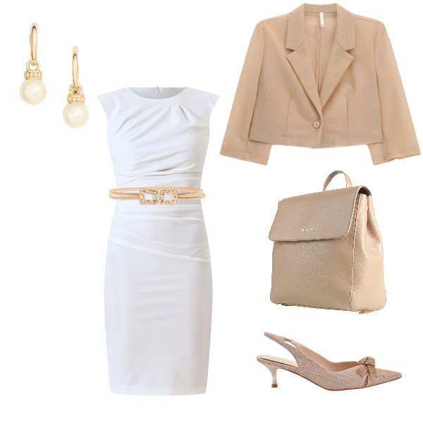 Outfit donna - Outfit chiaro aperitivo. Stile Casual chic per Serata fuori. Abbinamento con zaini, blazer, vestiti a tubino, décolleté, cinture, orecchini.