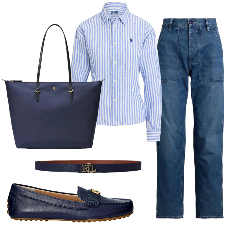 Outfit donna - Total look #2377917. Stile Casual chic per Ufficio. Abbinamento con camicie, mocassini, jeans, borse tote, cinture.