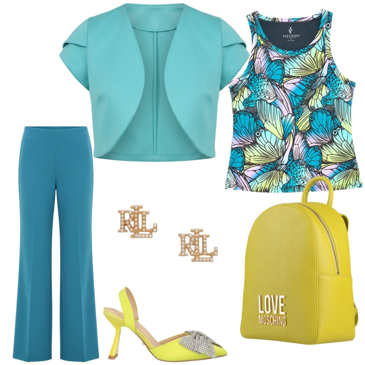 Outfit donna - I colori vividi. Stile Trendy per Tutti i giorni. Abbinamento con décolleté, zaini, pantaloni a palazzo, bolero, orecchini, canottiere.
