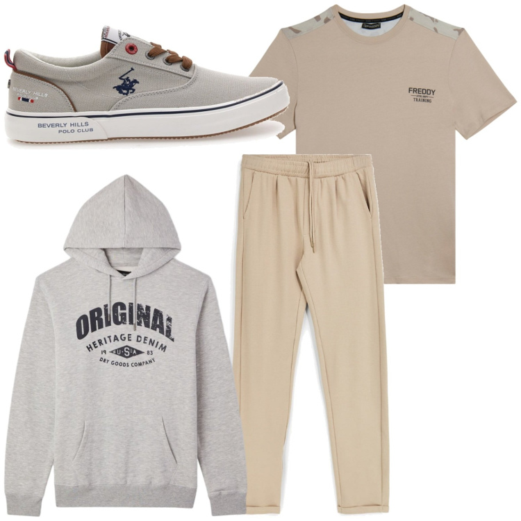 Outfit uomo - Sporty chic. Stile Trendy per Tutti i giorni. Abbinamento con felpe con cappuccio, t-shirt, sneakers, pantaloni.