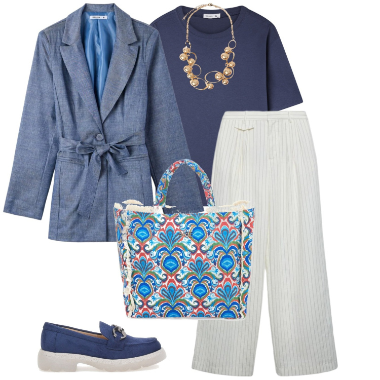 Outfit donna - Il pantalone a righe. per Tutti i giorni. Abbinamento con pantaloni, blazer, t-shirt, collane, mocassini, shopping bag.