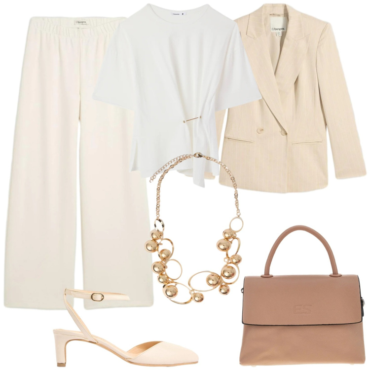 Outfit donna - Luminosa. Stile Chic per Tutti i giorni. Abbinamento con pantaloni, blazer, décolleté, collane, borse a tracolla, t-shirt.