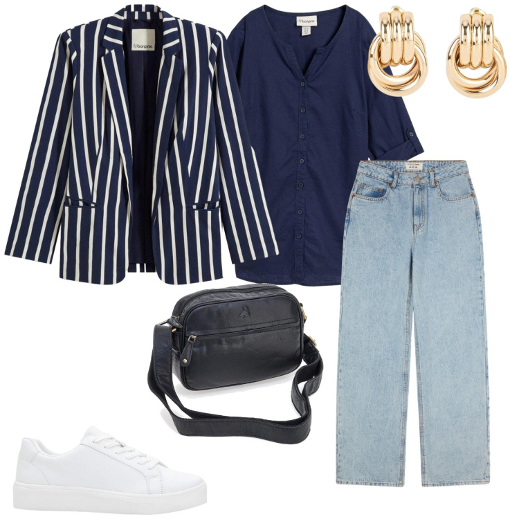 Outfit donna - Aprile. per Tutti i giorni. Abbinamento con bluse, sneakers, orecchini, blazer, jeans, borse a tracolla.