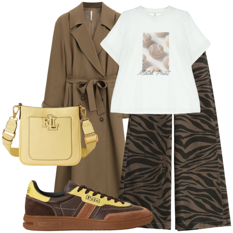 Outfit donna - Giungla urbana. Stile Casual chic per Tutti i giorni. Abbinamento con pantaloni a palazzo, trench, t-shirt, sneakers, borse a tracolla.