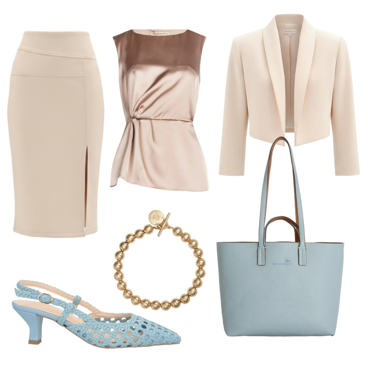 Outfit donna - Azzurropolvere. Stile Glamour per Serata fuori. Abbinamento con décolleté, bluse, gonne longuette, bolero, shopping bag, braccialetti.