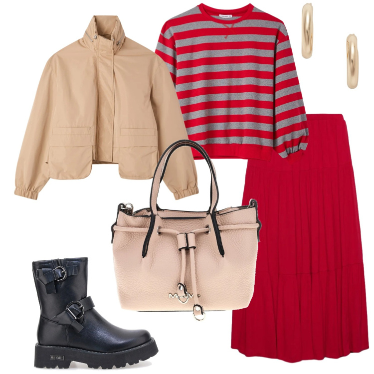 Outfit donna - Gonna lunghet. per Ufficio. Abbinamento con gonne lunghe, t-shirt, bomber, orecchini, borse a spalla, anfibi.