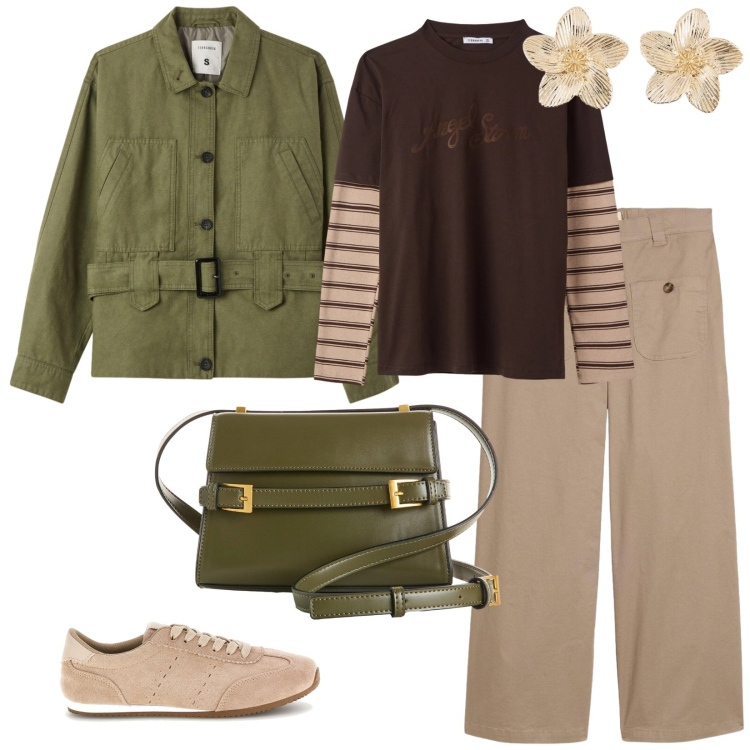 Outfit donna - Casual. per Tutti i giorni. Abbinamento con borse a tracolla, pantaloni, orecchini, cappotti, t-shirt, sneakers.
