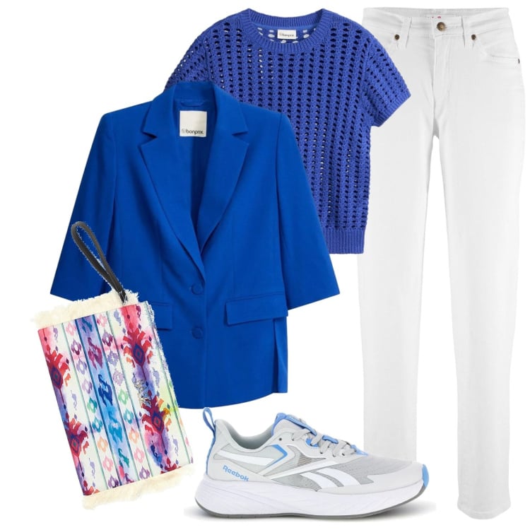 Outfit donna - Blu elettrico. Stile Casual chic per Tutti i giorni. Abbinamento con bluse, blazer, jeans mom, sneakers, pochette.