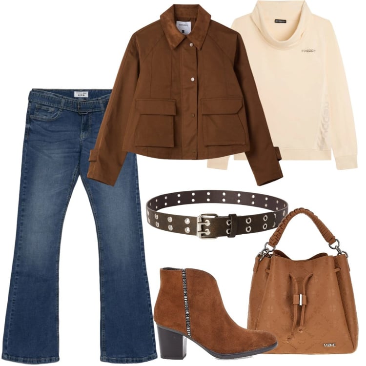 Outfit donna - Total look #2377932. Stile Casual chic per Tutti i giorni. Abbinamento con cappotti, jeans a zampa, cinture, felpe, borse a tracolla, stivaletti.