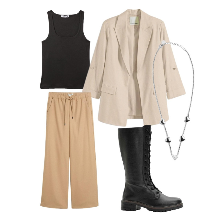 Outfit donna - Ufficio casual. Stile Casual per Ufficio. Abbinamento con blazer, stivali, pantaloni, canottiere, collane.