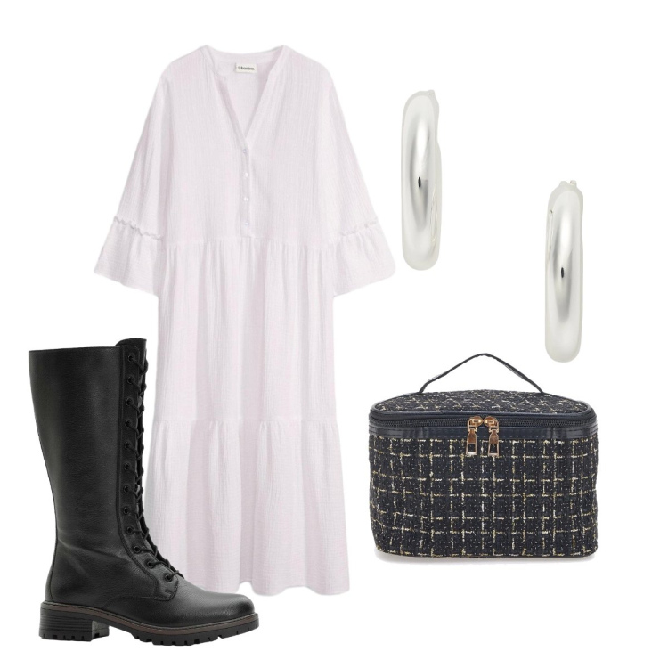Outfit donna - Abito oversize trendy. Stile Trendy per Mare. Abbinamento con vestiti chemisier, stivali, orecchini, valigie.