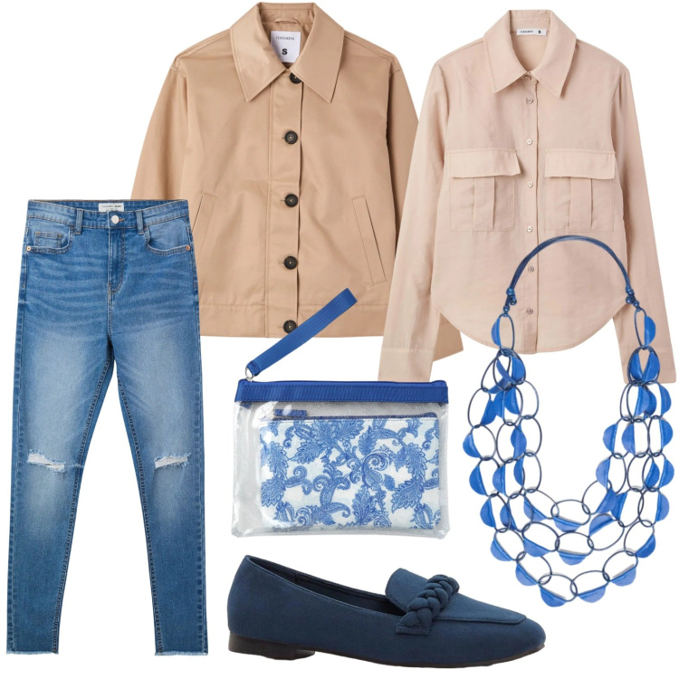 Outfit donna - Accessori ocean. Stile Trendy per Tutti i giorni. Abbinamento con mocassini, camicie, cappotti, jeans strappati, pochette, collane.