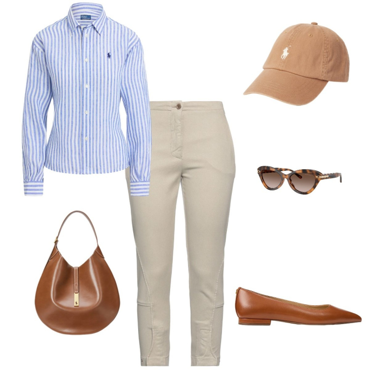 Outfit donna - Passeggiata chic. Stile Sporty chic per Tutti i giorni. Abbinamento con jeans slim fit, ballerine, borse a spalla, cappelli, occhiali da sole, camicie.