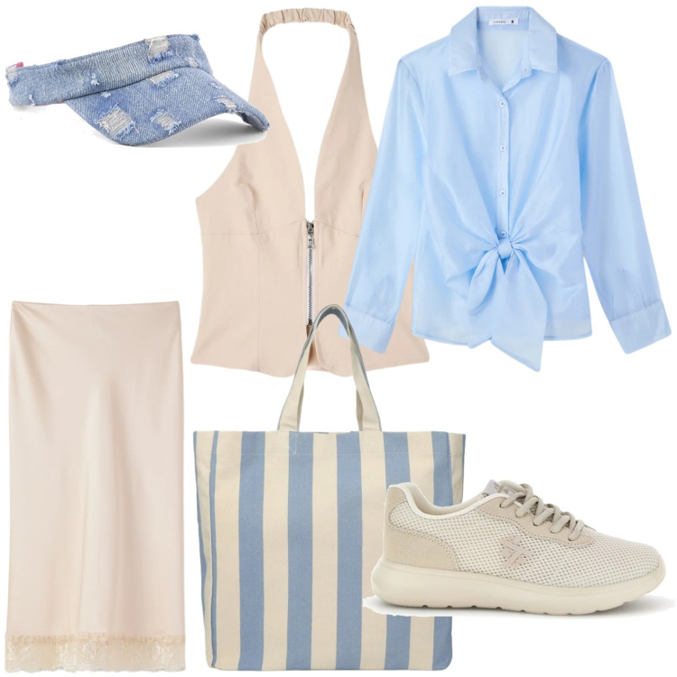 Outfit donna - Stile marittimo. Stile Casual per Tutti i giorni. Abbinamento con shopping bag, camicie, top, gonne longuette, sneakers, cappelli con visiera.