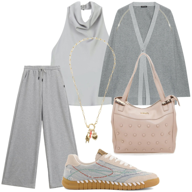 Outfit donna - Grigio e sabbia. Stile Minimal per Tutti i giorni. Abbinamento con cardigans, pantaloni, top, ciondoli, sneakers, shopping bag.