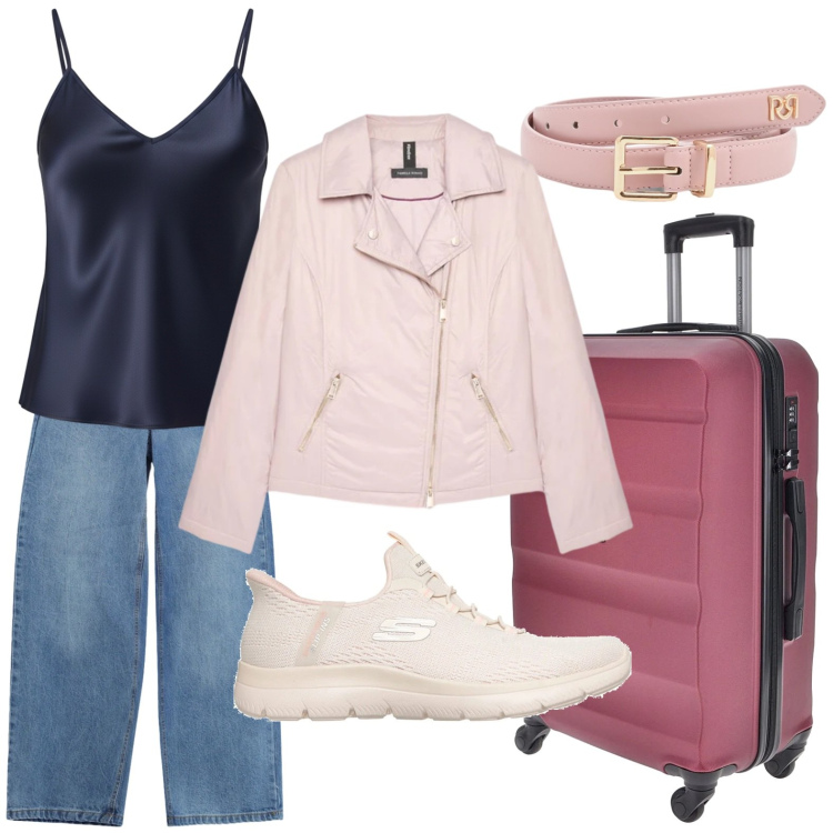Outfit donna - Weekend fuori porta. Stile Basic per Tutti i giorni. Abbinamento con piumini, canottiere, cinture, jeans, valigie, sneakers.