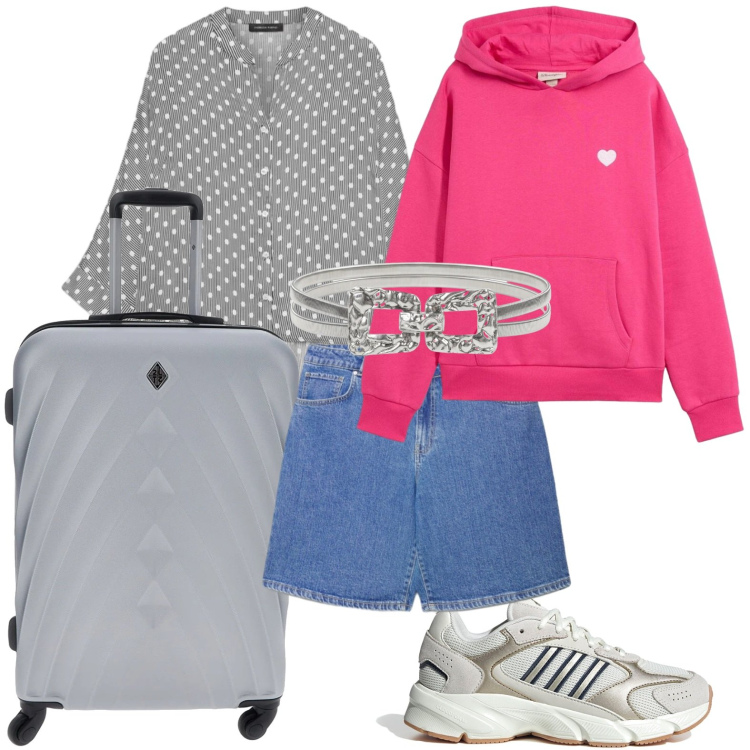 Outfit donna - La valigia capiente. Stile Trendy per Tutti i giorni. Abbinamento con felpe con cappuccio, bermuda, camicie, cinture, sneakers, valigie.
