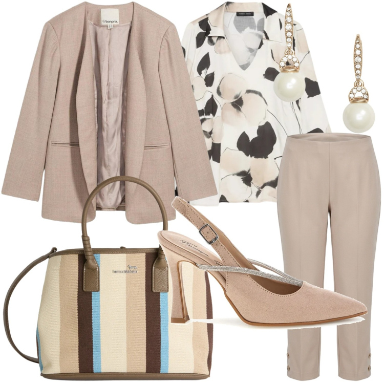 Outfit donna - Sabbia chic. Stile Minimal per Ufficio. Abbinamento con blazer, bluse, pantaloni, shopping bag, orecchini, décolleté.