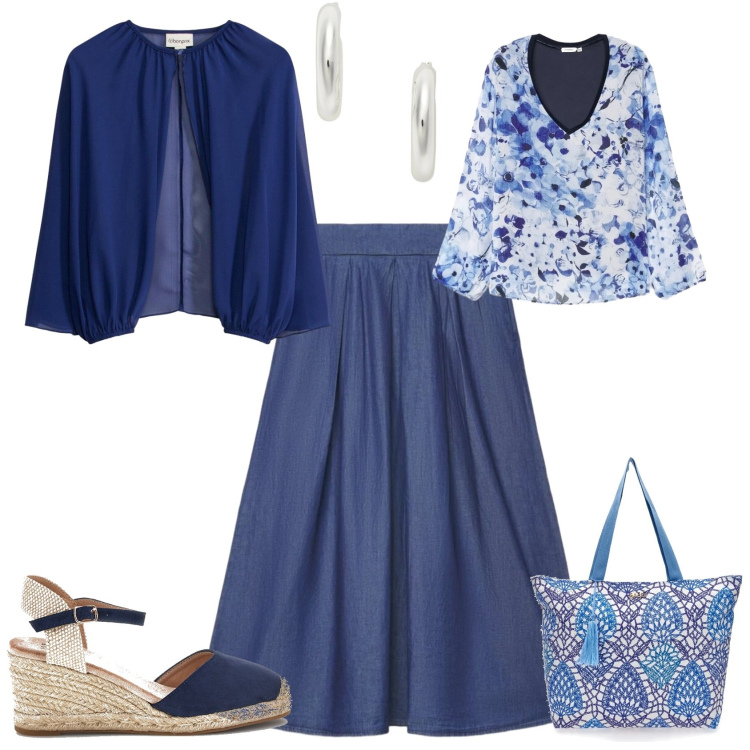 Outfit donna - Casual chic ufficio tempo libero. Stile Casual chic per Tutti i giorni. Abbinamento con bolero, bluse, gonne lunghe, orecchini, shopping bag, zeppe.