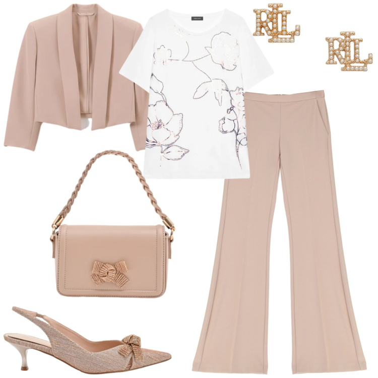 Outfit donna - Aprile. Stile Urban per Tutti i giorni. Abbinamento con t-shirt, pantaloni, décolleté, bolero, pochette, orecchini.
