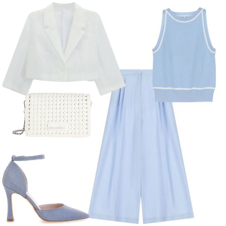Outfit donna - Imperial. Stile Urban per Tutti i giorni. Abbinamento con top, blazer, pantaloni a palazzo, borse a tracolla, décolleté.