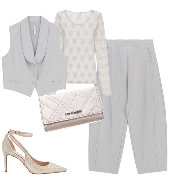Outfit donna - Grigio chiarissimo in primavera. Stile Urban per Tutti i giorni. Abbinamento con gilet, pantaloni a palazzo, top, décolleté, portafogli.