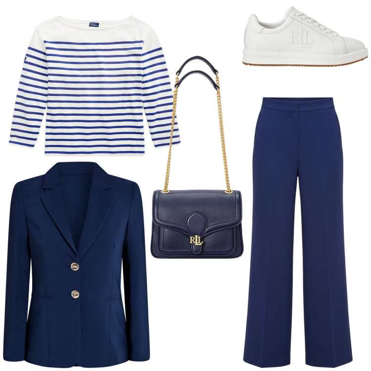 Outfit donna - Stile mariniere eleganza senza tempo. Stile Chic per Tutti i giorni. Abbinamento con pantaloni a palazzo, blazer, sneakers, borse a spalla, t-shirt.