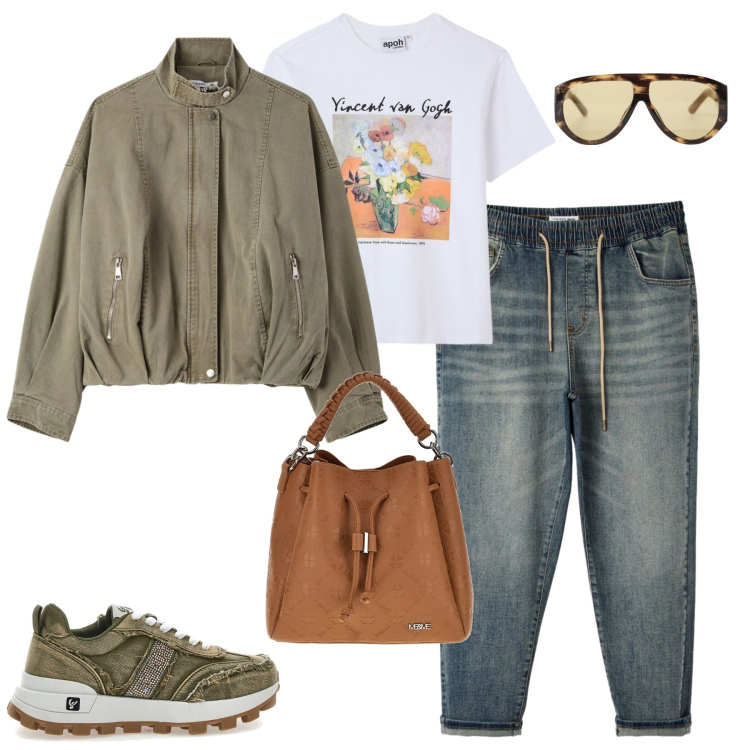 Outfit donna - City. Stile Casual per Tutti i giorni. Abbinamento con bomber, jeans, t-shirt, occhiali da sole, sneakers, borse a tracolla.
