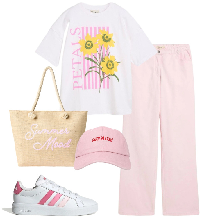Outfit donna - Aprile. Stile Casual per Tutti i giorni. Abbinamento con pantaloni a palazzo, t-shirt, borse tote, cappelli con visiera, sneakers.