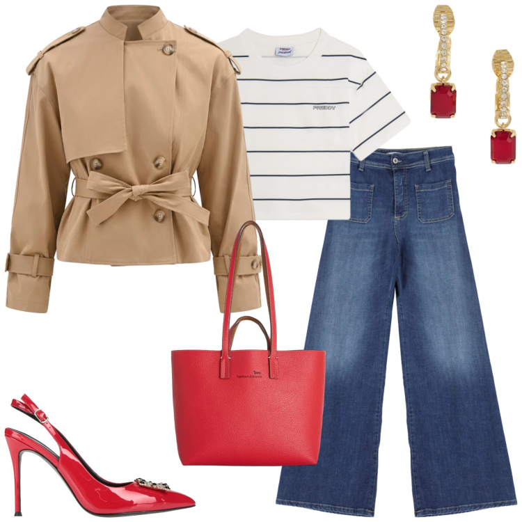 Outfit donna - City. Stile Casual chic per Tutti i giorni. Abbinamento con décolleté, caban, jeans, shopping bag, t-shirt, orecchini.