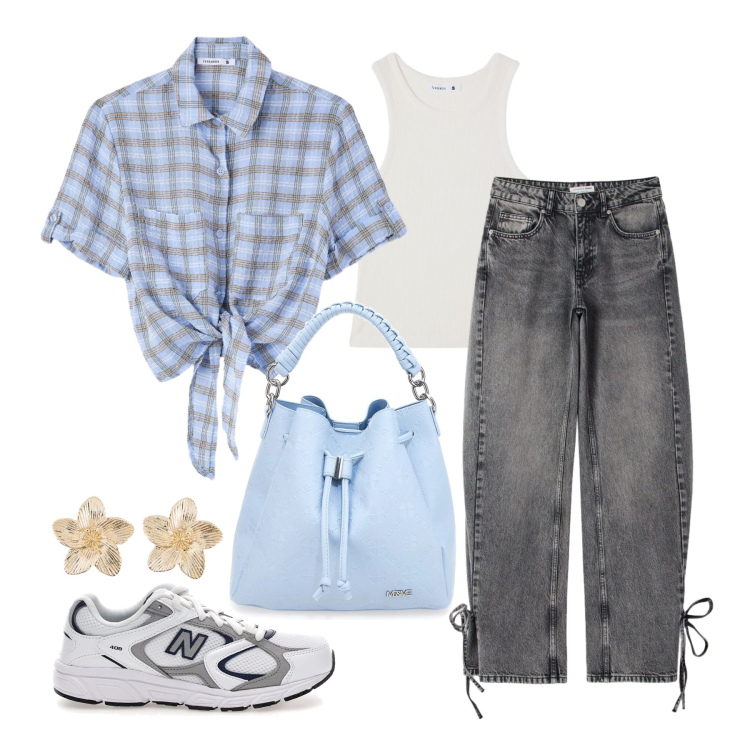 Outfit donna - Aprile. Stile Trendy per Tutti i giorni. Abbinamento con orecchini, jeans, camicie a manica corta, canottiere, sneakers, borse a secchiello.