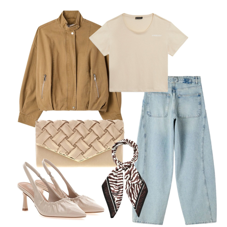 Outfit donna - Aprile. Stile Trendy per Tutti i giorni. Abbinamento con jeans, bomber, foulard, t-shirt, décolleté, pochette.