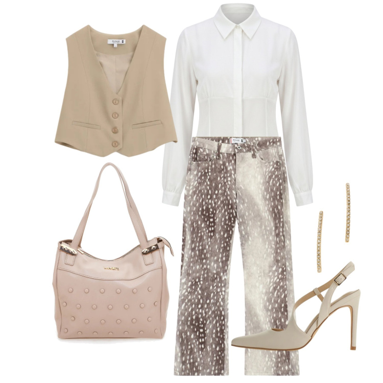 Outfit donna - Aprile. Stile Trendy per Tutti i giorni. Abbinamento con pantaloni, gilet, décolleté, camicie, orecchini, shopping bag.