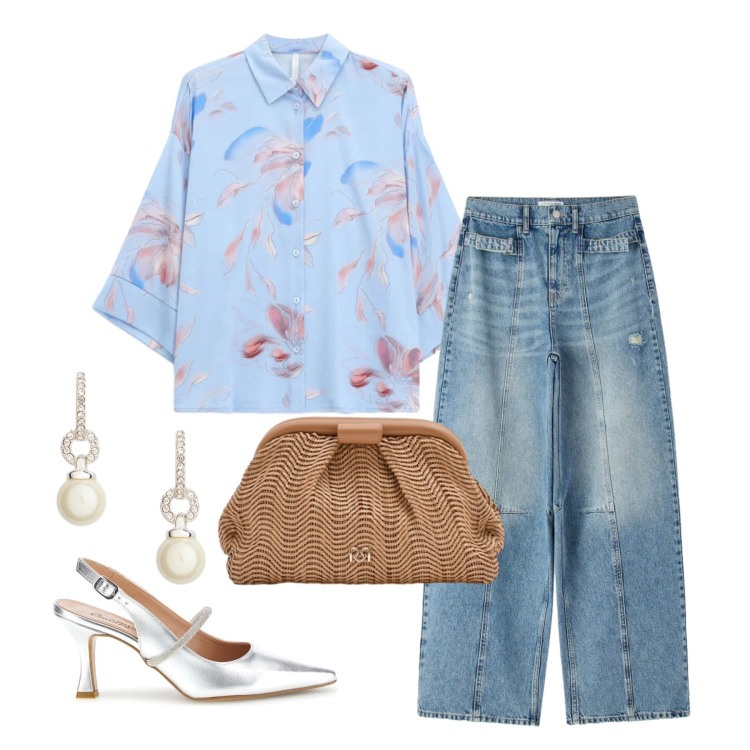 Outfit donna - Aprile. Stile Trendy per Tutti i giorni. Abbinamento con jeans, camicie, pochette, orecchini, décolleté.