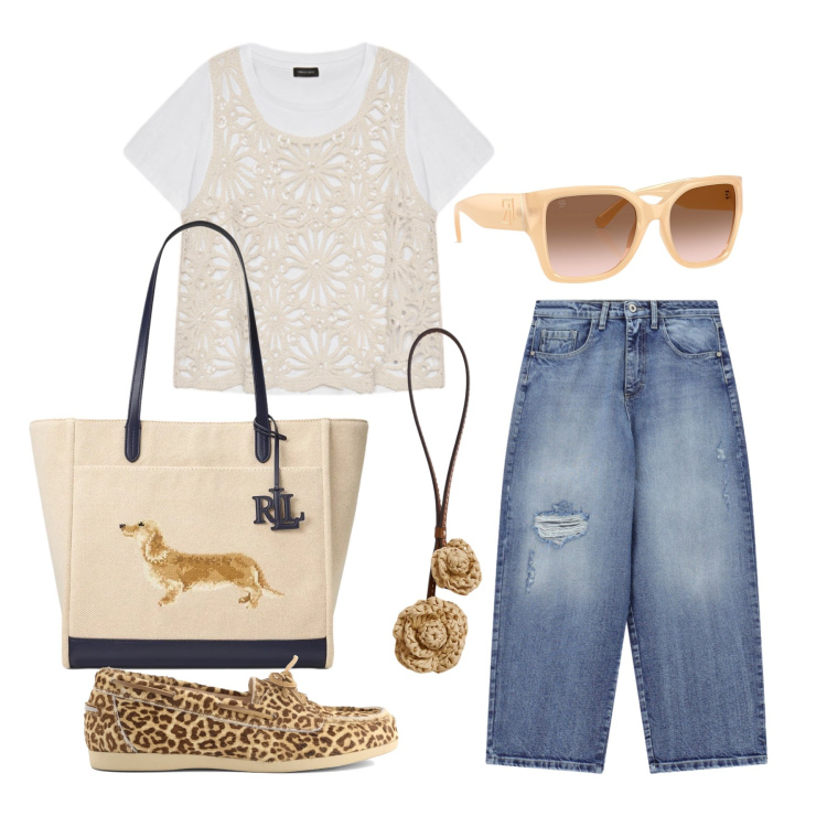 Outfit donna - Aprile. Stile Trendy per Tutti i giorni. Abbinamento con t-shirt, jeans strappati, occhiali da sole, borse tote, ciondoli, mocassini.