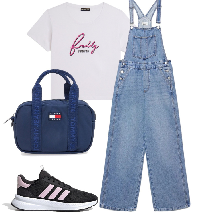 Outfit donna - Aprile. Stile Casual per Tutti i giorni. Abbinamento con salopette, t-shirt, sneakers, borse a tracolla.