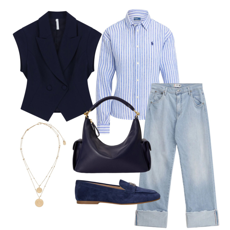 Outfit donna - Aprile. Stile Casual chic per Tutti i giorni. Abbinamento con jeans dritti, gilet, camicie, ciondoli, mocassini, borse a spalla.