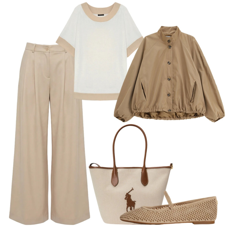 Outfit donna - City. Stile Casual chic per Tutti i giorni. Abbinamento con t-shirt, bomber, pantaloni, borse tote, ballerine.