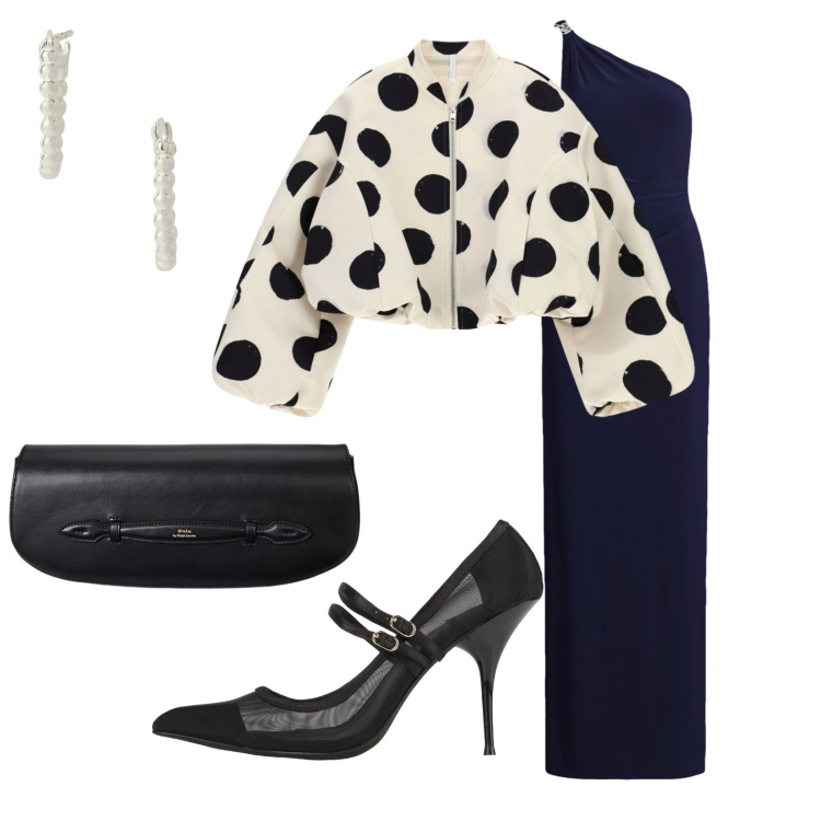 Outfit donna - Black and White for the night. Stile Glamour per Serata fuori. Abbinamento con décolleté, bomber, orecchini, clutch, vestiti asimmetrici.