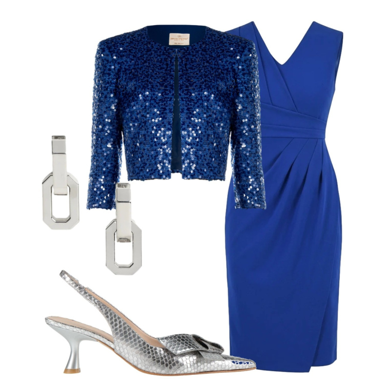 Outfit donna - Blu ceruleo. Stile Chic per Cerimonia. Abbinamento con décolleté, vestiti midi/longuette, bolero, orecchini.