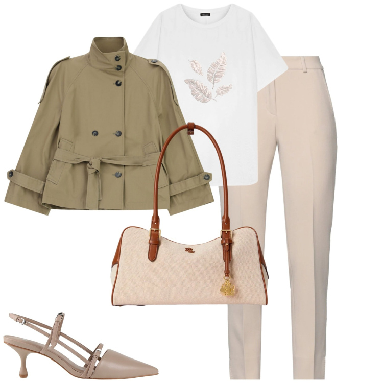 Outfit donna - Aprile. Stile Casual chic per Tutti i giorni. Abbinamento con pantaloni, décolleté, t-shirt, trench, borse a mano.