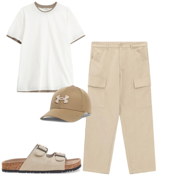 Outfit uomo - Imperial. Stile Casual per Tutti i giorni. Abbinamento con t-shirt, pantaloni cargo, sandali, cappelli con visiera.